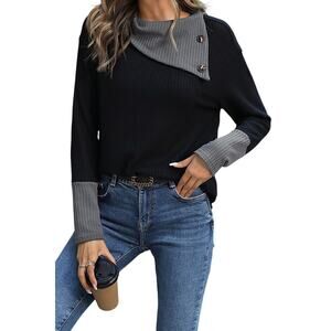 Black Waffle Knit Patchwork Color Block Asymmetrical Neck Top New